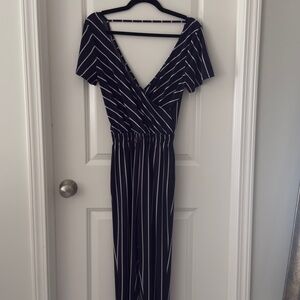 *!!WORN ONCE!!* navy blue striped, short sleeve jumpsuit from EXPRESS.